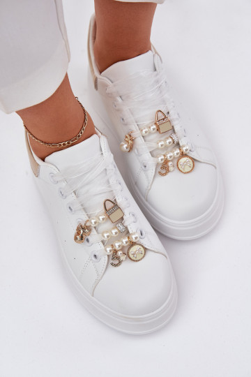 Women's Platform Sneakers With Ribbons White-Gold Ocerdia