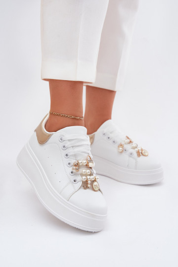 Women's Platform Sneakers With Ribbons White-Gold Ocerdia 2