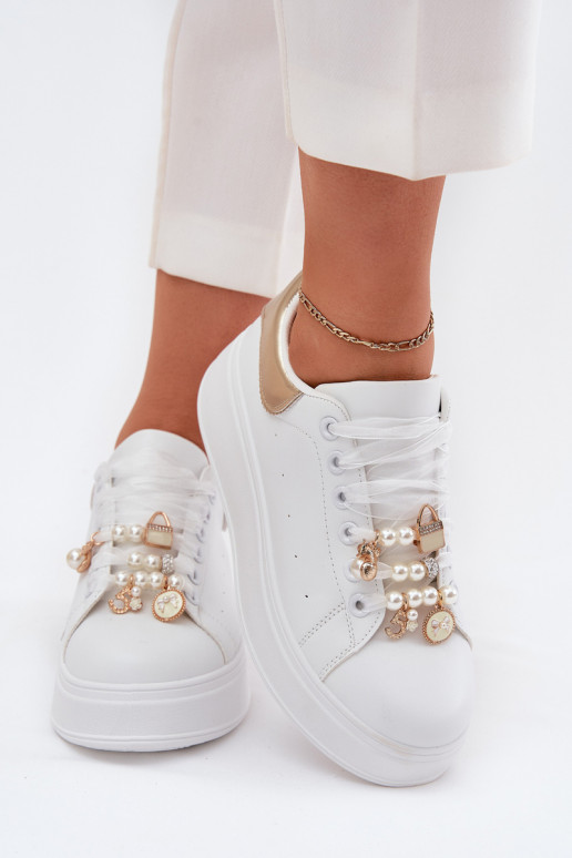 Women's Platform Sneakers With Ribbons White-Gold Ocerdia