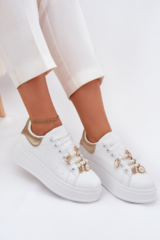 Women's Platform Sneakers With Ribbons White-Gold Ocerdia