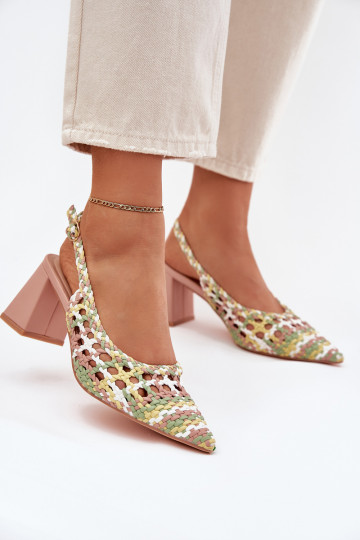 Woven Block Heel Sandals Pink Ebina