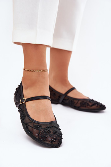 Mesh Ballet Flats With Embroidery And Decoration Black Tillilora