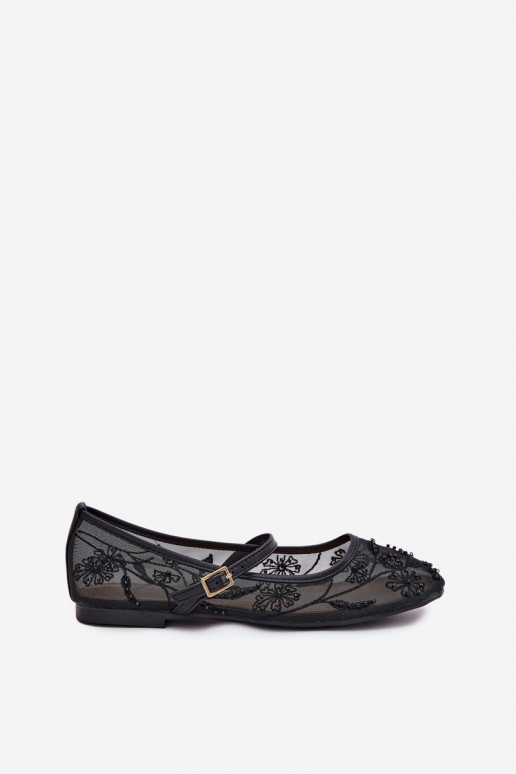 Mesh Ballet Flats With Embroidery And Decoration Black Tillilora