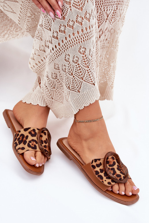 Flat Women's Slippers With Decorative Buckle Leopard Luwam