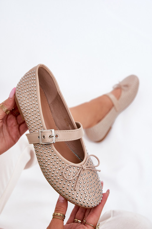 Embellished ballerinas with bow and strap beige Zdivisa