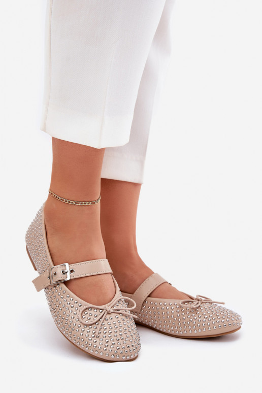 Embellished ballerinas with bow and strap beige Zdivisa