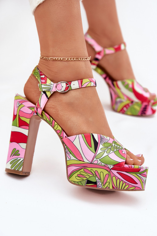 Patterned Heeled Sandals And Platform Pink-Green Slaria