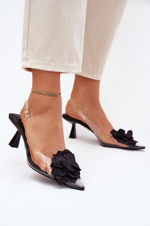 Transparent High Heel Sandals With Decorative Flower Black Risalie