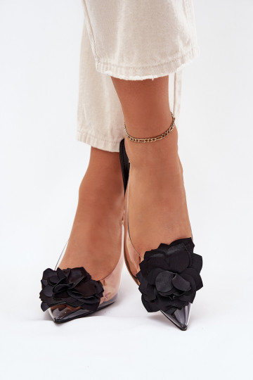 Transparent High Heel Sandals With Decorative Flower Black Risalie 2