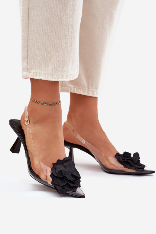 Transparent High Heel Sandals With Decorative Flower Black Risalie