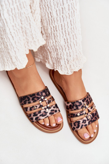 Flat Women's Slippers With Gold Detail Leopard Noroti