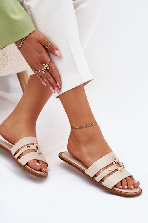 Flat Women's Slippers With Golden Detail Beige Noroti
