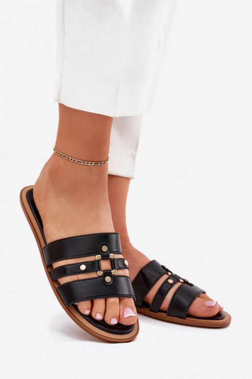 Flat Women's Sandals With Gold Detail Black Noroti