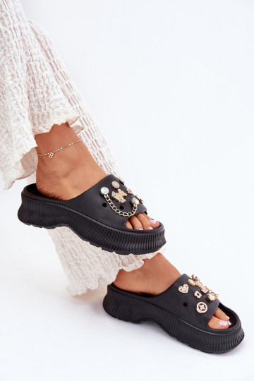 Foam Women's Slippers With Golden Accessories Black Hortiana