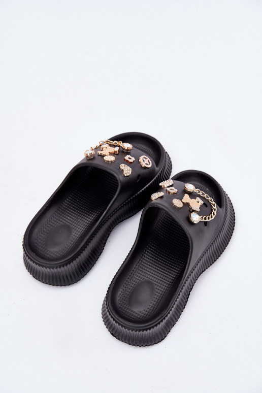 Foam Women's Slippers With Golden Accessories Black Hortiana