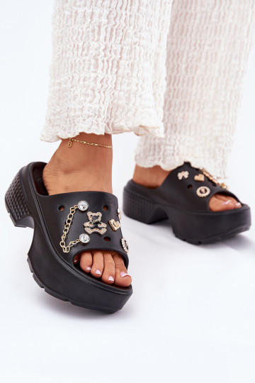 Foam Women's Slippers on Massive Platform with Golden Decorations Black Ivoriel