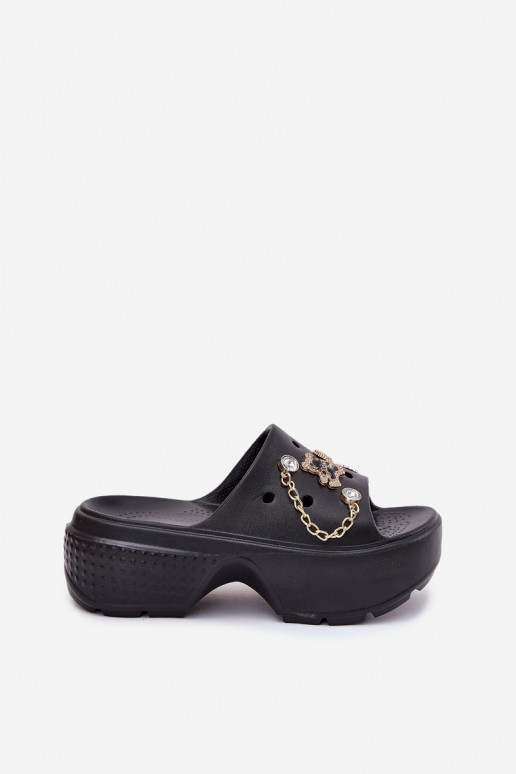 Foam Women's Slippers on Massive Platform with Golden Decorations Black Ivoriel