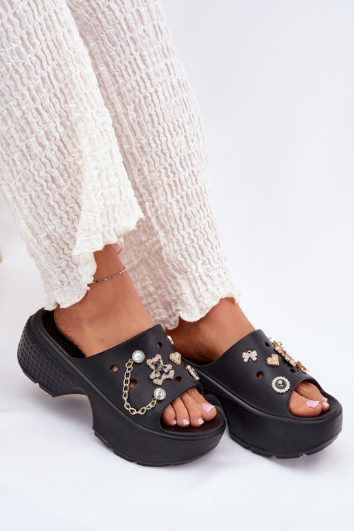 Foam Women's Slippers on Massive Platform with Golden Decorations Black Ivoriel