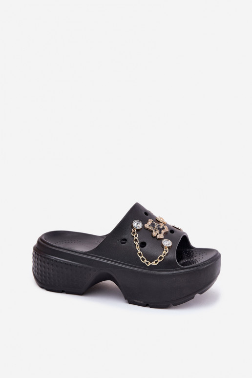 Foam Women's Slippers on Massive Platform with Golden Decorations Black Ivoriel