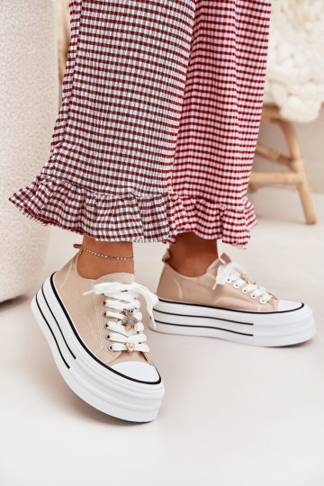Ladies Sneakers On A Platform With Golden Decorations Beige Fiorina