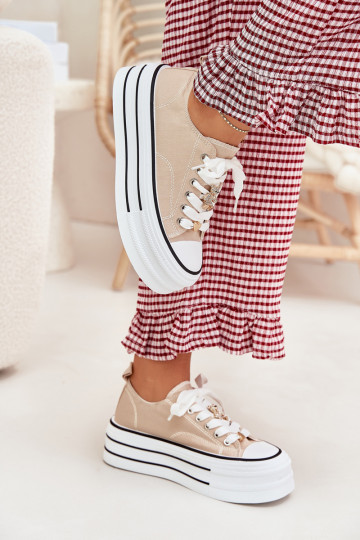 Trampki Damskie Na Platformie Ze Złotymi Przypinkami Beżowe Fiorina 2