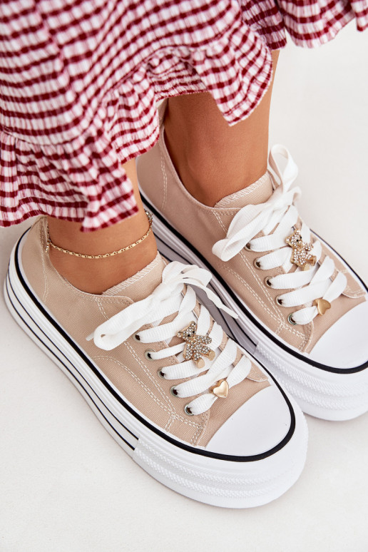Trampki Damskie Na Platformie Ze Złotymi Przypinkami Beżowe Fiorina