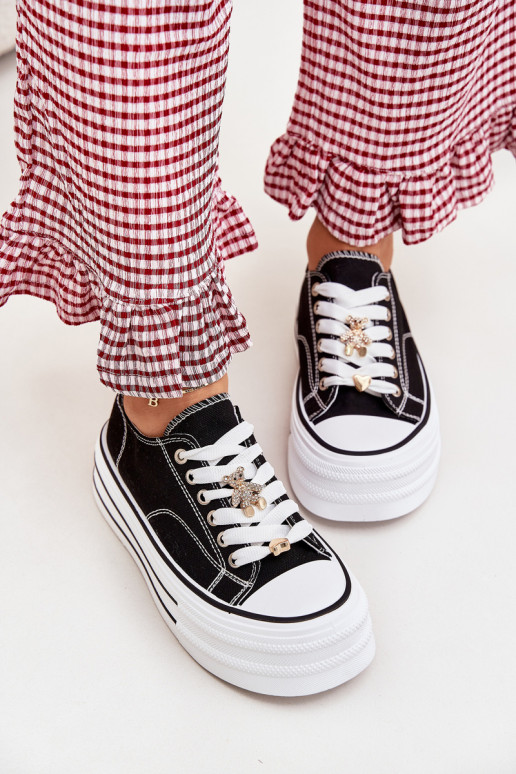 Trampki Damskie Na Platformie Ze Złotymi Przypinkami Czarne Fiorina