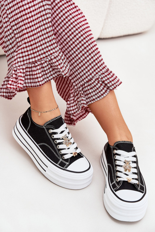 Trampki Damskie Na Platformie Ze Złotymi Przypinkami Czarne Fiorina