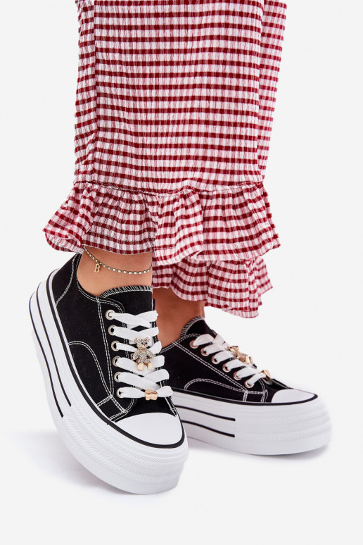 Trampki Damskie Na Platformie Ze Złotymi Przypinkami Czarne Fiorina