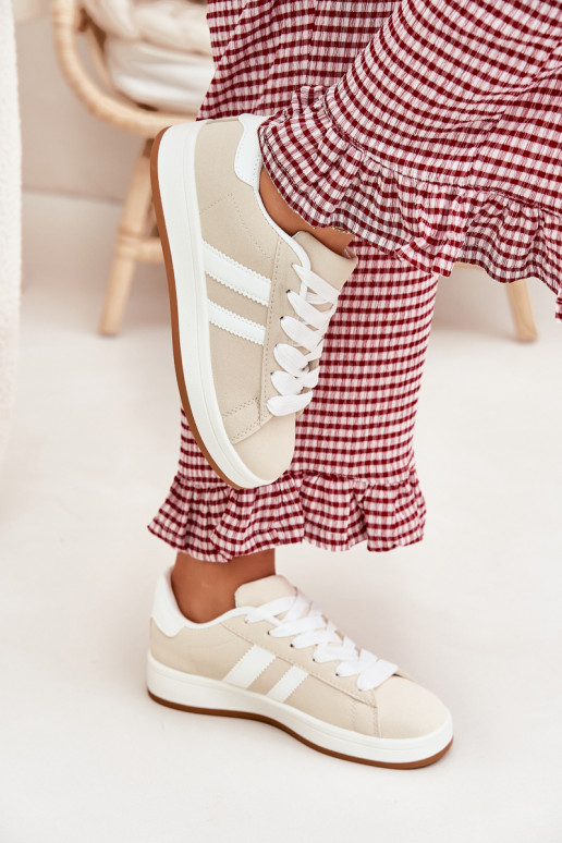 Buty Sportowe Sneakersy Damskie Z Eko Skóry Beżowe Ravina