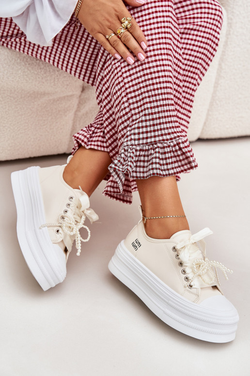 Women's Platform Sneakers With Decorative Lacing Beige Tivora