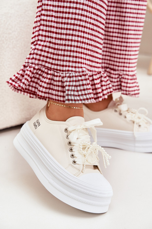 Women's Platform Sneakers With Decorative Lacing Beige Tivora