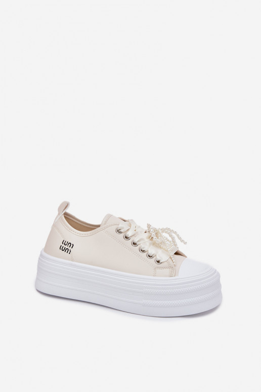 Women's Platform Sneakers With Decorative Lacing Beige Tivora