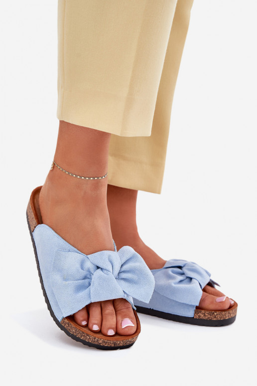 Women's Cork Sole Slippers With Bow Blue Seressa