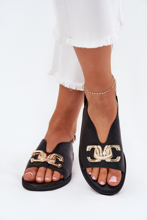 Women's Flat Sandals With Golden Decoration Black Amelira