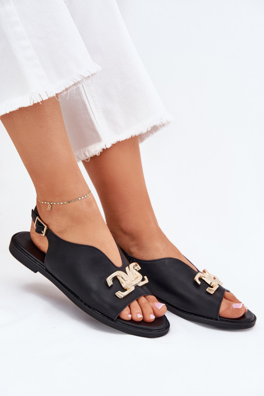Women's Flat Sandals With Golden Decoration Black Amelira