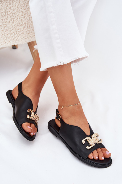 Women's Flat Sandals With Golden Decoration Black Amelira