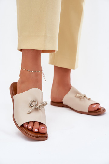 Women's sandals on a flat heel with decorative tying beige Norela