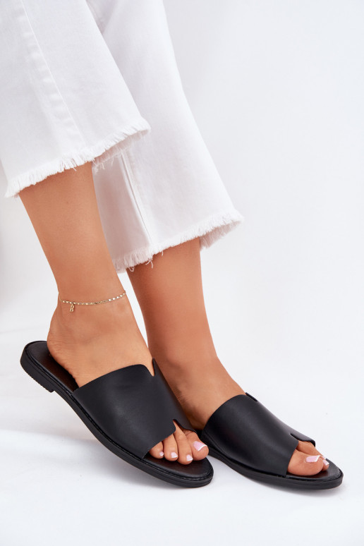 Women's Eco Leather Slippers On Flat Heel Black Kalimira