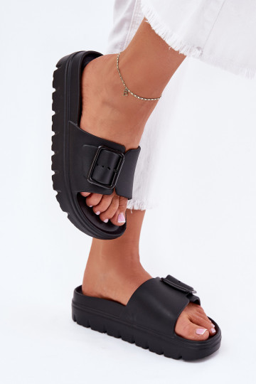 Womens Foam Slippers On Platform With Buckle Black Viasara