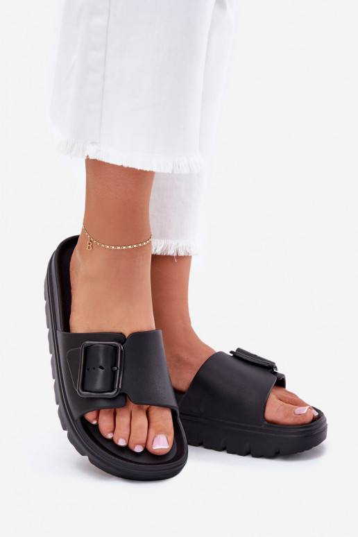 Womens Foam Slippers On Platform With Buckle Black Viasara Womens Foam Slippers On Platform With Buckle Black Viasara
