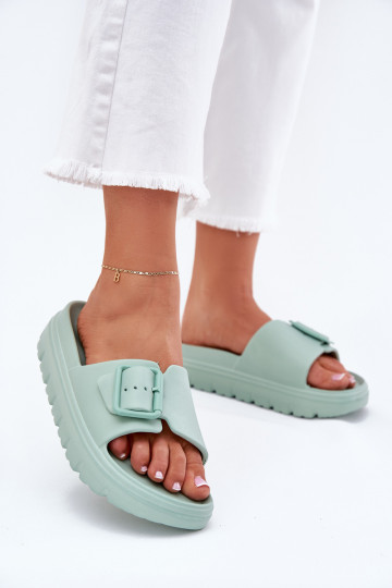 Women's Foam Slippers On Platform With Buckle Green Viasara 2