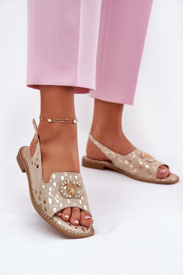 Leather Sandals With Decoration On Flat Heel S.Barski KV51-096 Gold