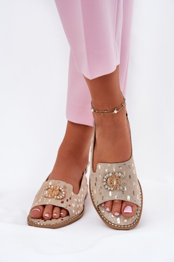 Leather Sandals With Decoration On Flat Heel S.Barski KV51-096 Gold 2