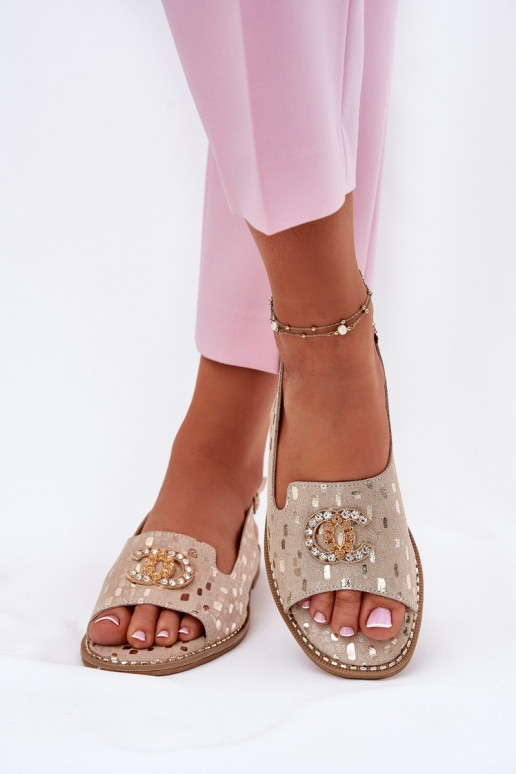 Leather Sandals With Decoration On Flat Heel S.Barski KV51-096 Gold Leather Sandals With Decoration On Flat Heel S.Barski KV51-096 Gold