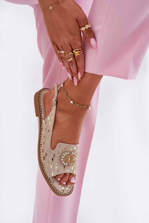 Leather Sandals With Decoration On Flat Heel S.Barski KV51-096 Gold Leather Sandals With Decoration On Flat Heel S.Barski KV51-096 Gold