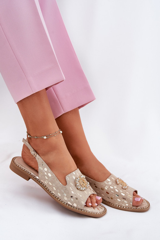Leather Sandals With Decoration On Flat Heel S.Barski KV51-096 Gold Leather Sandals With Decoration On Flat Heel S.Barski KV51-096 Gold