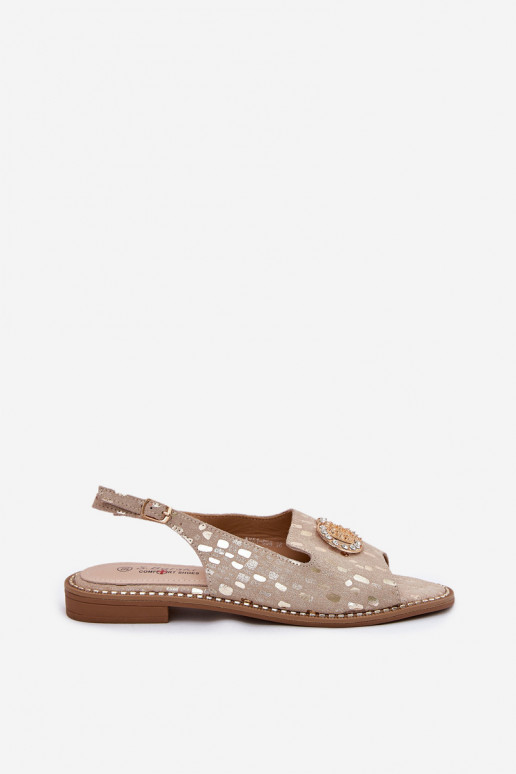 Leather Sandals With Decoration On Flat Heel S.Barski KV51-096 Gold Leather Sandals With Decoration On Flat Heel S.Barski KV51-096 Gold