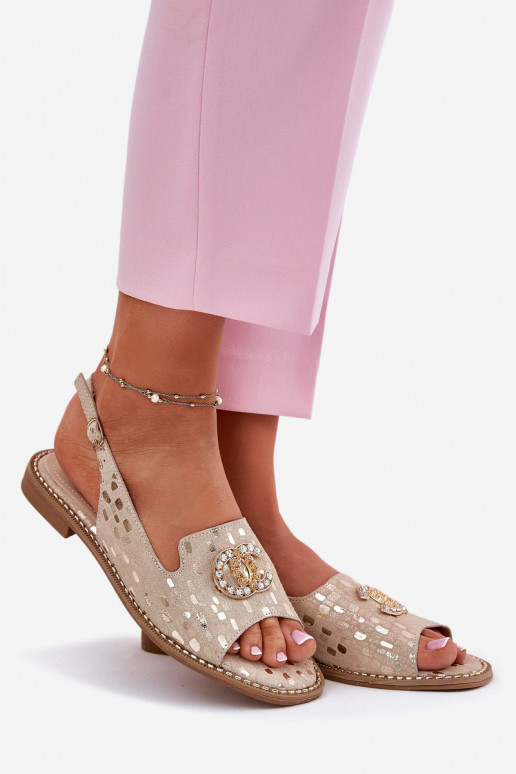 Leather Sandals With Decoration On Flat Heel S.Barski KV51-096 Gold Leather Sandals With Decoration On Flat Heel S.Barski KV51-096 Gold