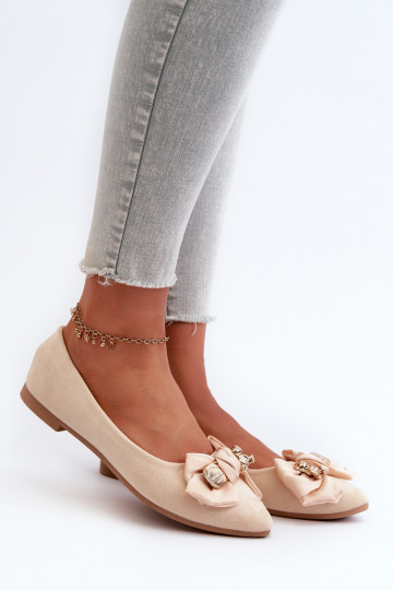 Women's Eco Suede Ballerina Flats with Bow and Brooch in Light Beige Satris 2